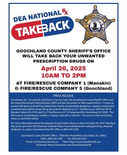 National Prescription Drug “Take Back Day” being held on April 26th – 10AM to 2PM
