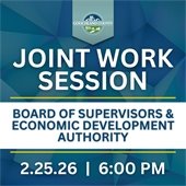 blue geometric background with text overlay 'joint work session board of supervisors and economic development authority 2.25.26 6:00PM'