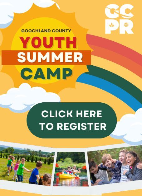 yellow sun with rainbow text overlay Goochland County Youth Summer camp Click Here to Register