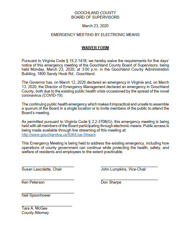 Board of Supervisors - Emergency Meeting by Electronic Means - March 23 2020