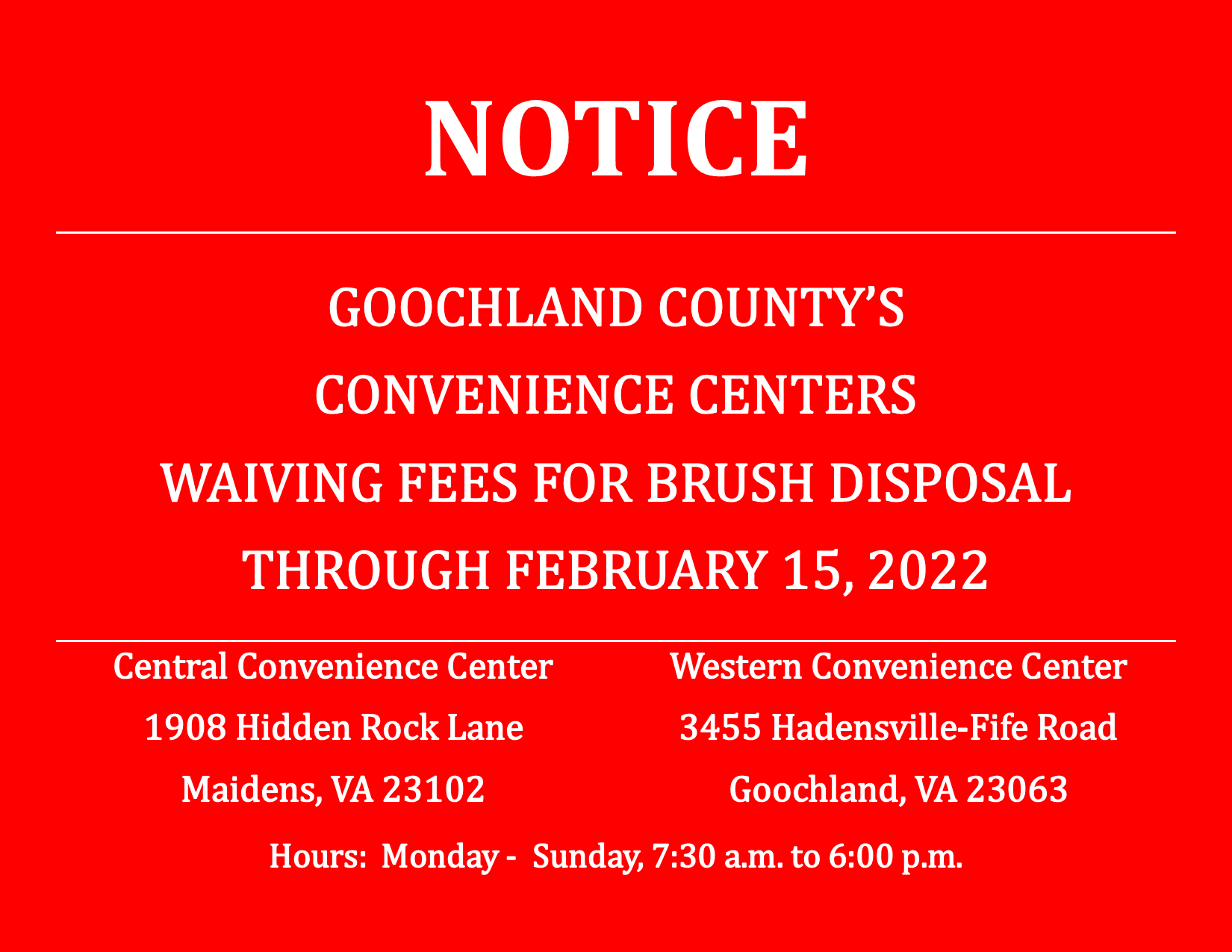 Convenience Centers - Waiving of Brush Disposal Fees - Through Feb 15th