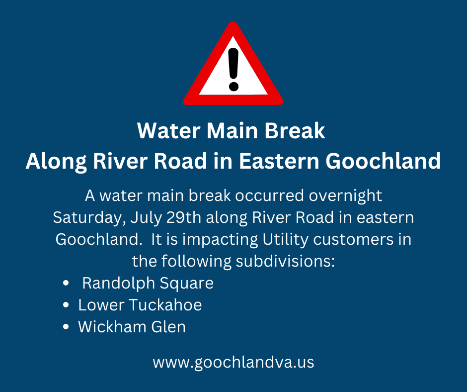 Water Main Break Along River Road in Eastern Goochland