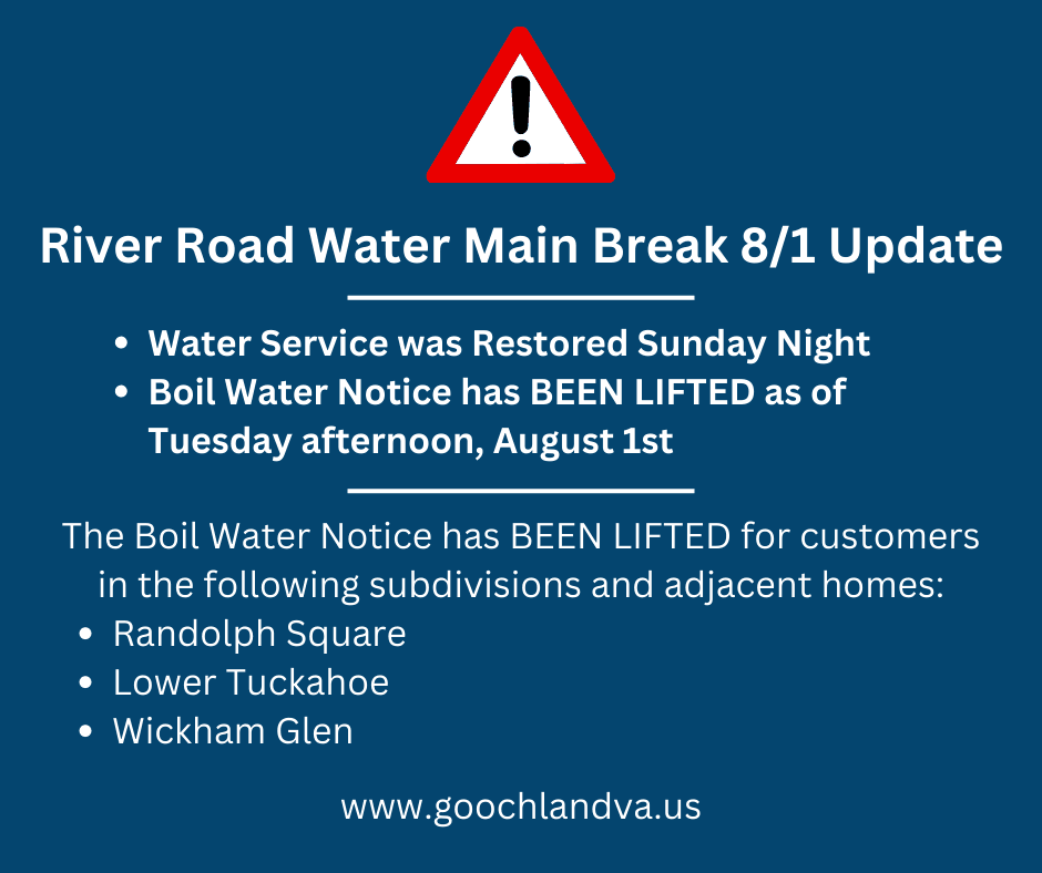 River Road Water Main Update - Tuesday, August 1 - Boil Water Lifted